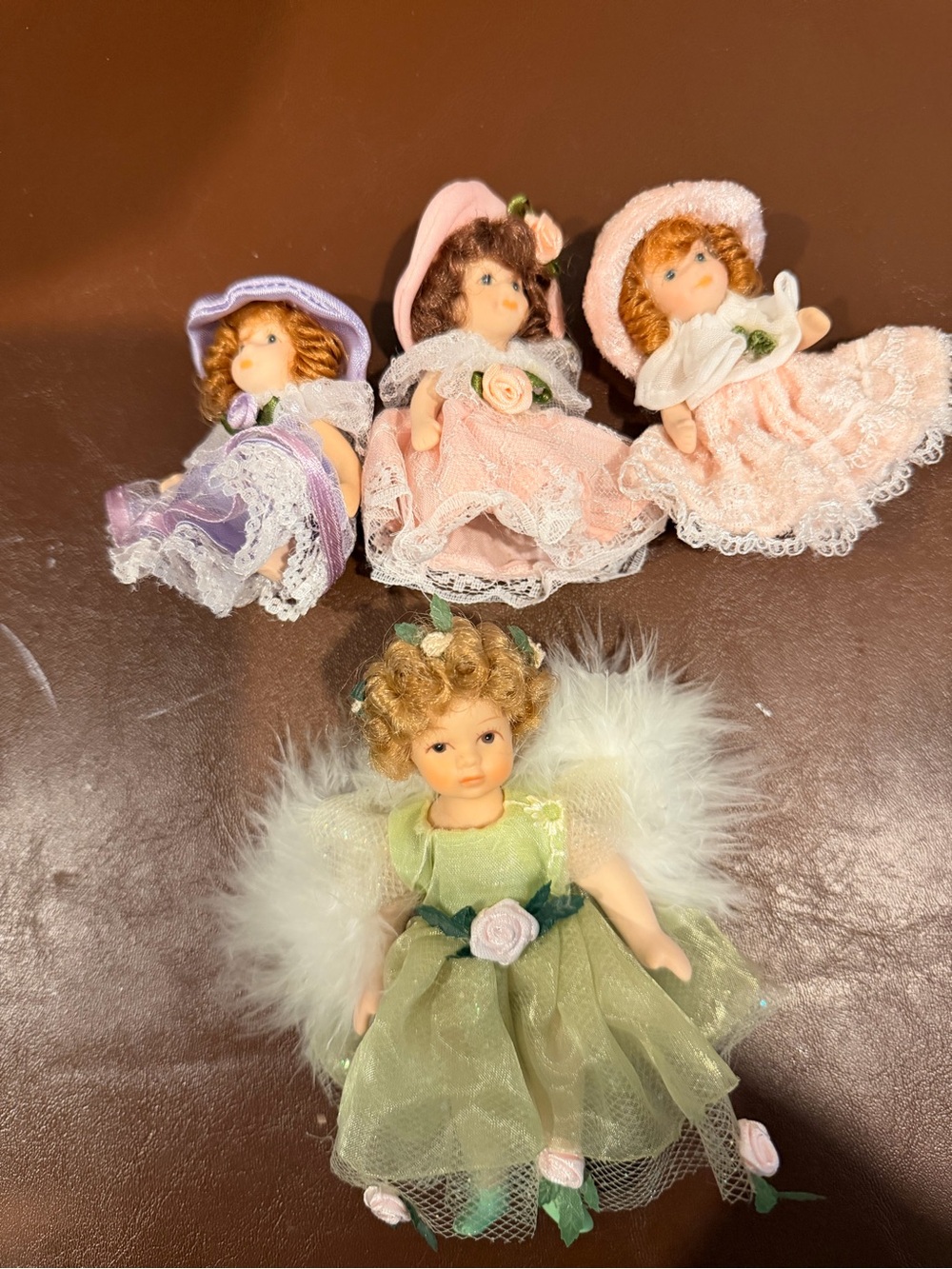 Porcelain Mini Doll Lot with Pastel Dresses (Green, Pink, Lavender)